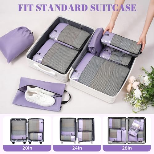 4 Set/6 Set/8 Set Compression Packing Cubes Travel Accessories Expandable Packing Organizers(HalfMesh,8-Dusty Purple) (8-Dusty Purple / Half Mesh)