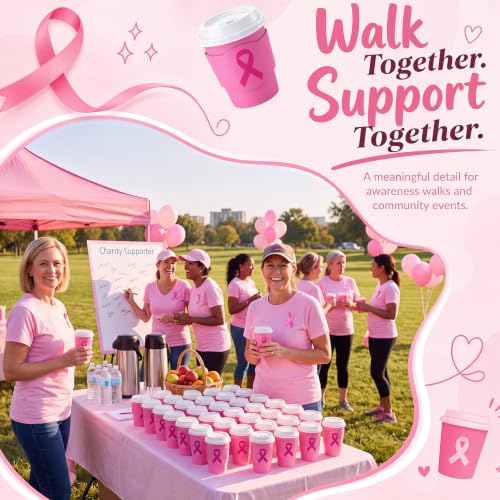 48 Sets 8 oz Breast Cancer Coffee Cups with Lids and Sleeves (Breast Cancer)