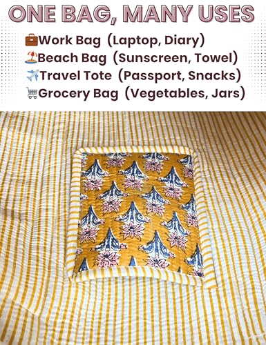 100% Cotton Quilted Tote Bag For Women (Gamboge Cherry Block Print)
