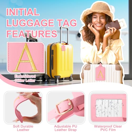 Personalized Initial Luggage Tags for Suitcase (Pink Leather,glod Letter / A)
