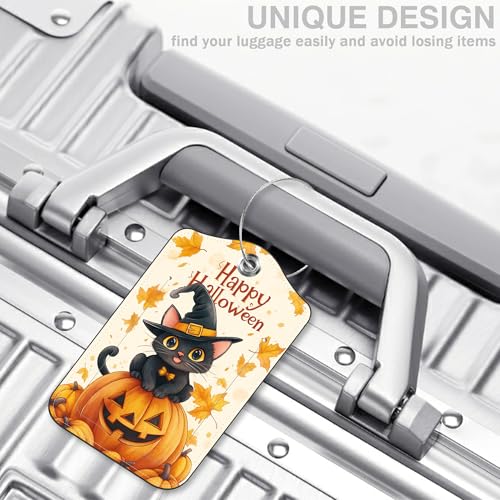 Halloween 2 Pack Luggage Tags for Suitcases Cute Black Cat on Pumpkin Leather Luggage Tags Privacy Cover ID Label with Stainless Steel Loop and Address Card for Women Men Travel Bag Backpack (Cute Black Cat on Pumpkin)