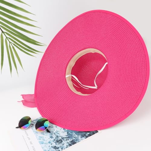 Womens Big Bowknot Straw Hat Foldable Sun Hats Floppy Beach Hat Large Roll up Cap UPF 50+ (Deep Pink / 5.5" Brim, 1 Pack)