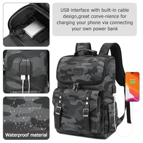 Vintage Backpack Travel Laptop Backpack with usb Charging Port for Women & Men College Backpack Fits 15.6 Inch Laptop Camouflage Gray (Camo&gray)