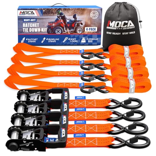 MOCA Heavy Duty Ratchet Straps Tie Down 4 Pack 1.6" x 8 ft (Orange / 8ft)