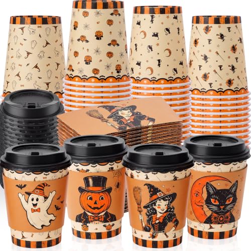 48 sets 8 oz Halloween Disposable Coffee Cups with Lids and Sleeves (Pumpkin)