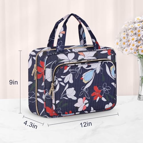Toiletry Bag for Women (Large / Minimalist / Blue+White)