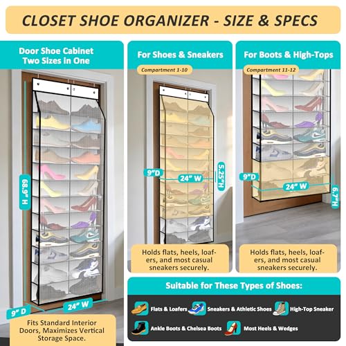 24 Pair Over Door Shoe Organizer for Family & Kids (12-Tier / 24 Pearl White)