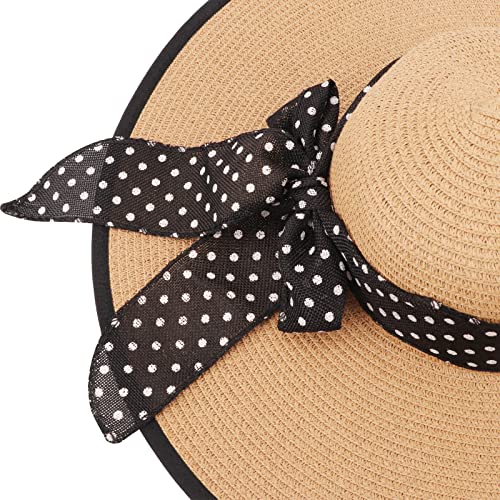 Wide Brim Sun Hat for Women Floppy Straw Hat Summer Beach Hats Fashionable Trendy Hats Sun Protection UPF 50+ (1 Pc：black Edge Khaki+white Dot Hat, 4.7" Brim)