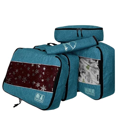 5 Set Packing Cubes for Travel Large Suitcase Luggage Organizer Bags Travel Accessories Vacation 4 Cubes 1 Laundry Pouch Bag (Snow Teal)