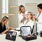 Makeup Bag with LED Lighted Mirror 12.2 IN Cosmetic Train Case Double Layer Makeup Case Adjustable Brightness in 3 Colors Cosmetic Organizer Artist Storage with Brush Holder Vanity Black Checkerboard (12.2 Inch Black Checkerboard / 0-Double Layer)