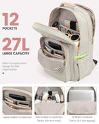 Laptop Backpack Purse for Women (Grey Pink / 15.6-Inch)
