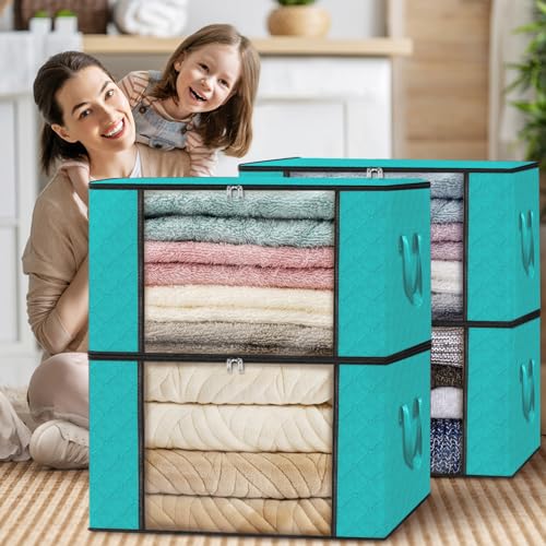 4 Pack Storage Bags for Clothes Blanket Storage Bins with Lids (4 Pack-60l / Green)
