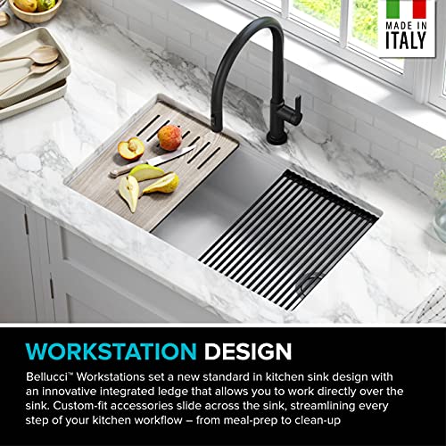 KGUW1-33WH-100-100, Bellucci Workstation 32 in. Undermount Granite Composite Single Bowl Kitchen Sink in White with WasteGuard 1 HP Continuous Feed Garbage Disposal and Accessories (White / 32 Inch / Sink and Garbage Disposal 1 HP)