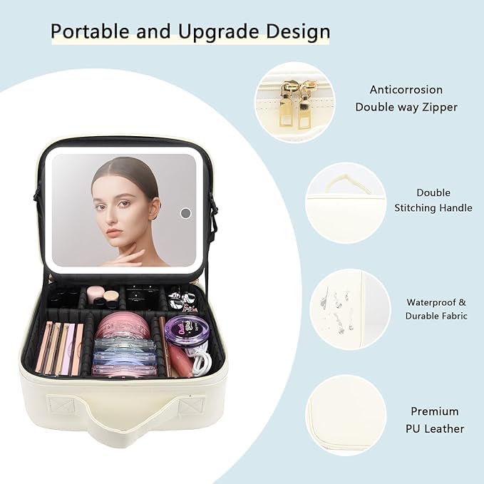 Makeup Bag with Led Mirror (White / with LED mirror and a 10x mirror)