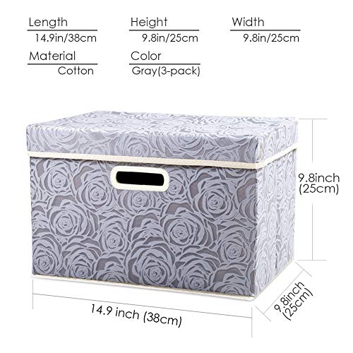 Collapsible Storage Boxes with Lids Fabric Decorative Storage Bins Cubes Organizer Containers Baskets with Cover Handles Divider for Bedroom Closet Living Room 14.9x9.8x9.8 Inch 3 Pack (Gray / Medium(3-Pack))