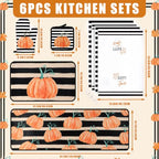 10 Pcs Fall Pumpkin Kitchen Decor Set Kitchen Towels Pot Holders Oven Mitts and Rugs Set Thanksgiving Towels for Baking Cooking BBQ Autumn Home (Black, White, Orange / Stripe Pumpkins)