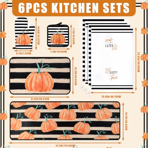 10 Pcs Fall Pumpkin Kitchen Decor Set Kitchen Towels Pot Holders Oven Mitts and Rugs Set Thanksgiving Towels for Baking Cooking BBQ Autumn Home (Black, White, Orange / Stripe Pumpkins)