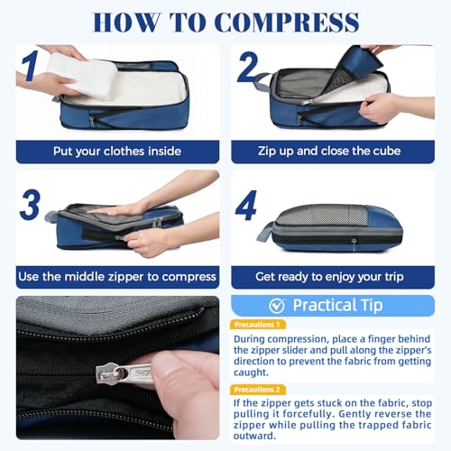 4 Set/6 Set/8 Set Compression Packing Cubes Travel Accessories Expandable Packing Organizers(HalfMesh,8-Navy) (8-Navy / Half Mesh)