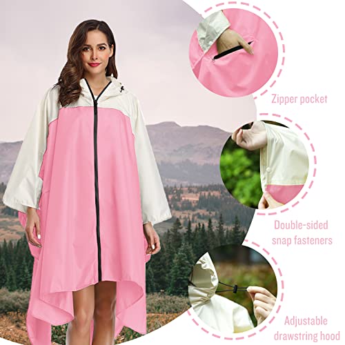 Adult Rain Poncho Waterproof Hooded Zipper Raincoat with Pockets (One Size / A-pink-white)