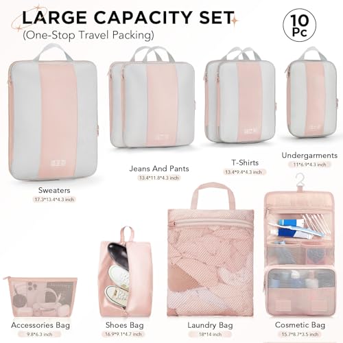 10 Set Compression Packing Cubes for Travel Gifts Mom Women (Beige)