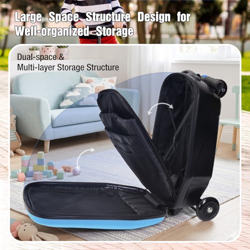2-in-1 Ride-On Scooter Suitcase for Kids & Adults, 20” Foldable Hardshell Carry-On Luggage for Travel, Lightweight Kids Scooter Bag with Wheels (Blue)