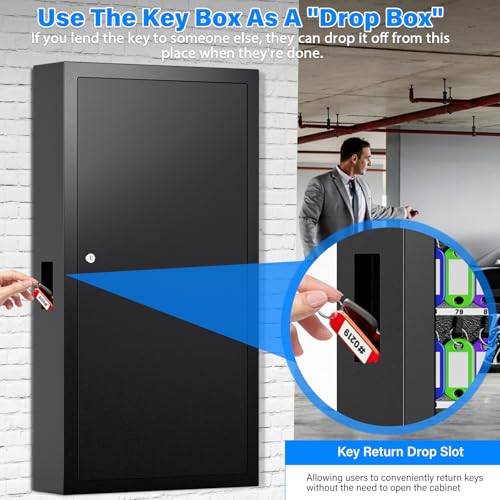 250 Keys Key Lock Box Wall Mount with Additional 24 Side Hooks and Key Tags (274 Keys / Black)