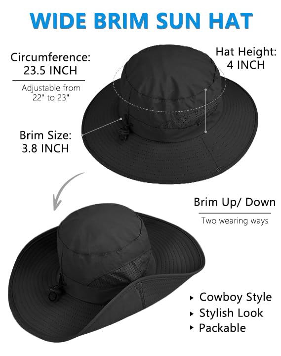 Sun Hat for Men Women Fishing Hat with Neck Flap Wide Brim Bucket Hat UV Protection for Beach Camping Hiking (Black-with Cooling Sleeves)