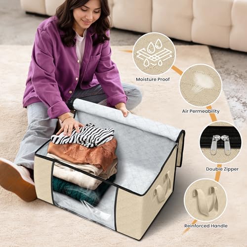 8 Pack Storage Bags for Clothes Blanket Storage Bins with Lids (8 Pack-60l / Beige)