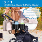 Stroller Cup Holder with Phone Holder (Double Holder-All Black Texture)