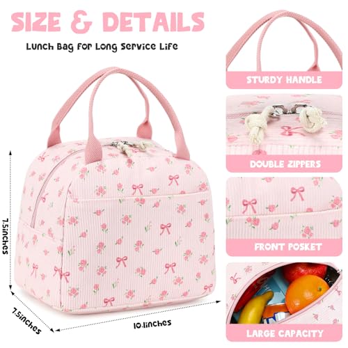 Lunch Bag for Women Men Cute Corduroy Lunch Tote Bags Reusable Insulated Lunch Box Large Capacity Reusable Insulated Cooler for Work Picnic or Travel (Bow Floral 212-Pink / 10L)