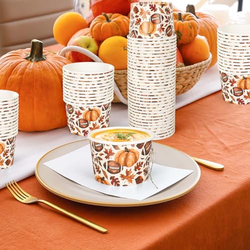 50Pcs Fall Snack Cups Football Pumpkin Maple Leaves Disposable Paper Bowls Autumn Decorative Ice Cream Dessert Soup Bowls for Thanksgiving Party Supplies Hot Cold Drinks