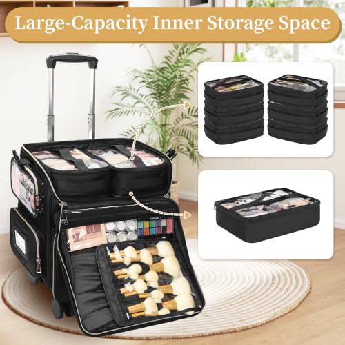 Rolling Makeup Train Case (Black-with 7 bags / XL)