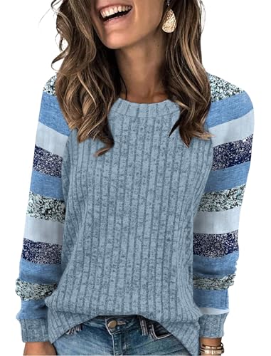 Womens Tops Winter Clothing Fall Tunics for Women Long Sleeve Sweaters for Women Fall Clothes Comfiest Airport Outfits Business Casual Travel Cozy Fall Fashion Plus Size Maternity (XX-Large / 08-sky Blue Stripes)