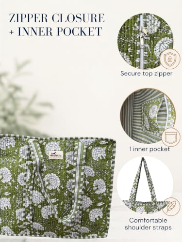 100% Cotton Quilted Tote Bag For Women (Olive Garden)