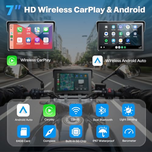 Motorcycle CarPlay Screen with Android Auto (7 Inch+TPMS+Dual Cam+Magnetic Mount+64GB)