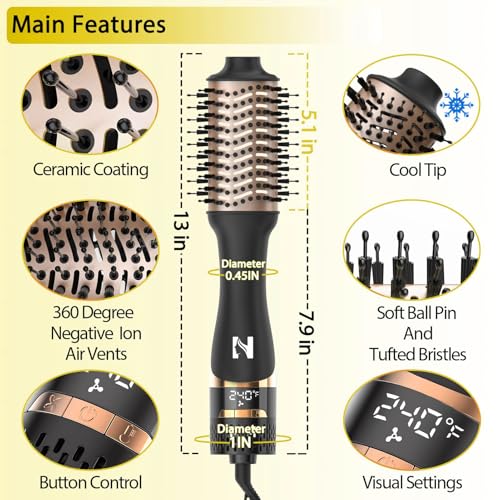 Blow Dryer Brush for Women One Step Blowout Brush with Display Screen Oval Ceramic Barrel Negative Ion Technology