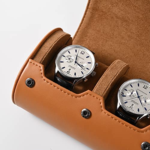 Brown Leather 2 Watch Roll Travel Case for Men (Brown / 2-Slot)