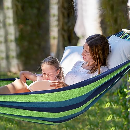 Cotton Hammock 8.9x4.9ft Holds Up to 660lbs Prevents Side (Blue/Green Stripes / 270x150cm)