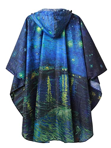 Adult Rain Poncho Waterproof Hooded Zipper Raincoat with Pockets (Starry Night Over the Rhone)