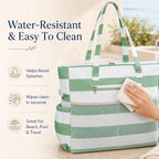 Waterproof Beach Tote Pool Bags for Women Ladies Extra Large Carry On Bag With Wet Compartment for Weekender Travel (Green White Stripe 5cm)