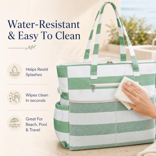 Waterproof Beach Tote Pool Bags for Women Ladies Extra Large Carry On Bag With Wet Compartment for Weekender Travel (Green White Stripe 5cm)