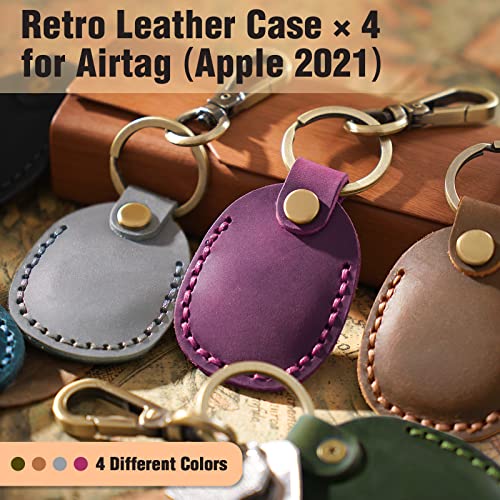 4 Pack Handmade Genuine Leather AirTag Holder (Brown/Grey/Purple/Olive Green)