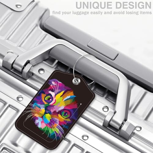 2 Pcs Cute Cat Luggage Tags for Suitcases PU Leather Colorful Art Kitten Animal Baggage Tags Name ID Label with Privacy Cover and Stainless Steel Loop for Men Women Travel Bag Suitcase (Cute Cat)