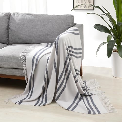 Room Décor Throw Blanket (Woven / Light Grey With Blue Stripes)