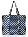 100% Cotton Quilted Tote Bag For Women (Indigo Blue White Chalk Block Print)