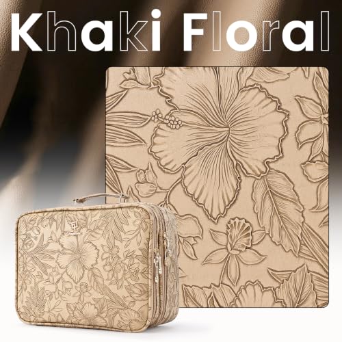 Makeup Bag with LED Lighted Mirror 12.2 IN Cosmetic Train Case Double Layer (12.2 Inch Khaki Floral / 0-Double Layer)