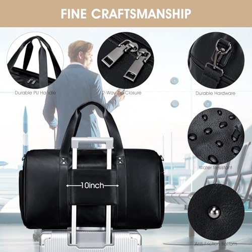 3PCS Faux Leather Weekender Bag for Women Men Travel Bag Overnight Bags (Black)