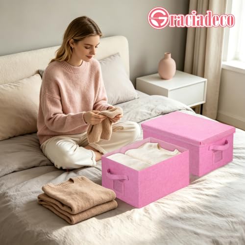 Storage Bins With Lids Closet Organizer Cabinet Box For Clothes (Pink - Light pink inside / 2 Pack)