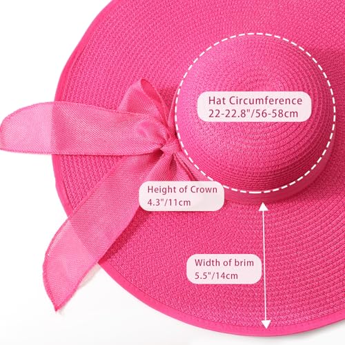 Womens Big Bowknot Straw Hat Foldable Sun Hats Floppy Beach Hat Large Roll up Cap UPF 50+ (Deep Pink / 5.5" Brim, 1 Pack)