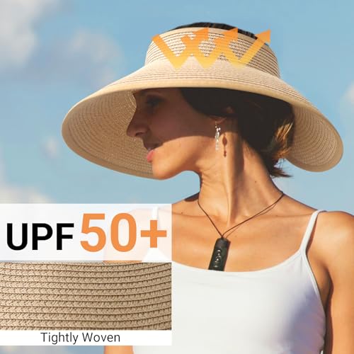 Sun Visor Hats for Women Wide Brim Straw Packable Beach Hat White (White)